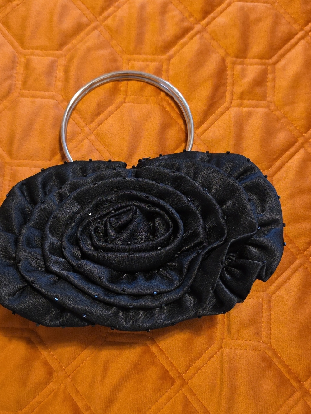 Elegant Black Floral Satin Handbag with Silver Handle